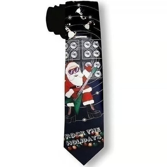Rock the Holidays Santa Christmas Tie Santa Playing Guitar Novelty Necktie - Picture 3 of 4